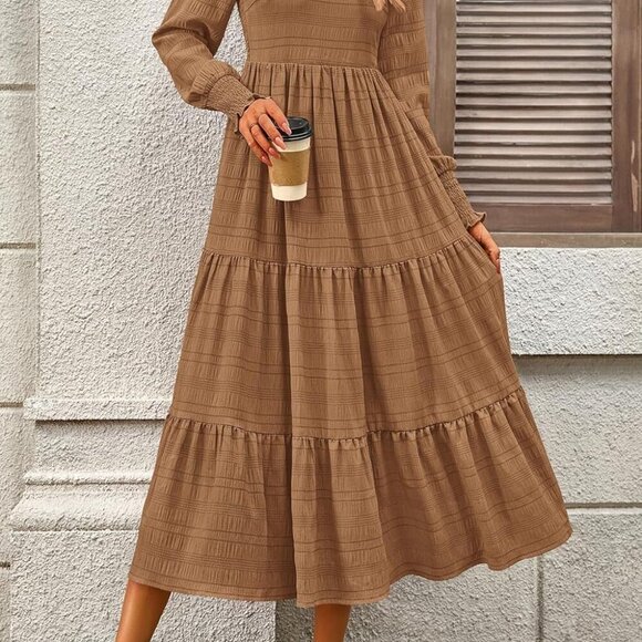 Women's Fall Dresses 2025 Puff Long Sleeve Square Neck Dress High Waist Smocked - Picture 9 of 9